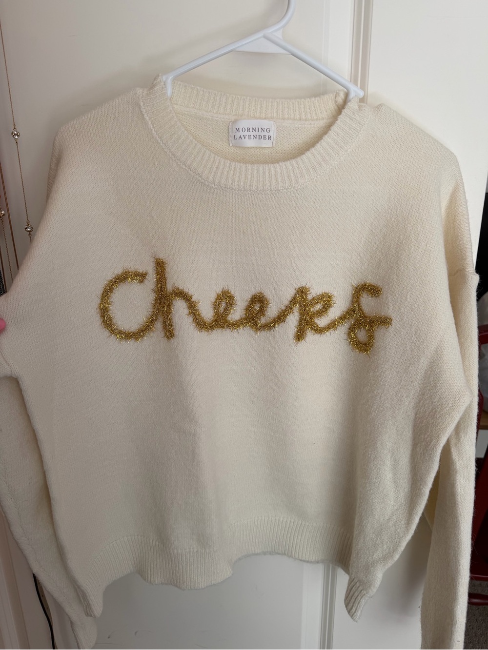 Morning Lavender “Cheers” Cream Sweater with Gold Script, like new! Size M/L